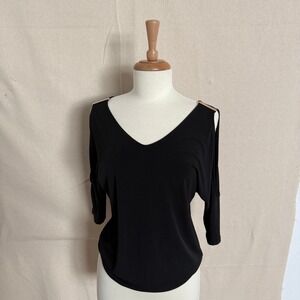 INC International Concept Womens Petite Black Cold Shoulder V-Neck Top Gold Trim